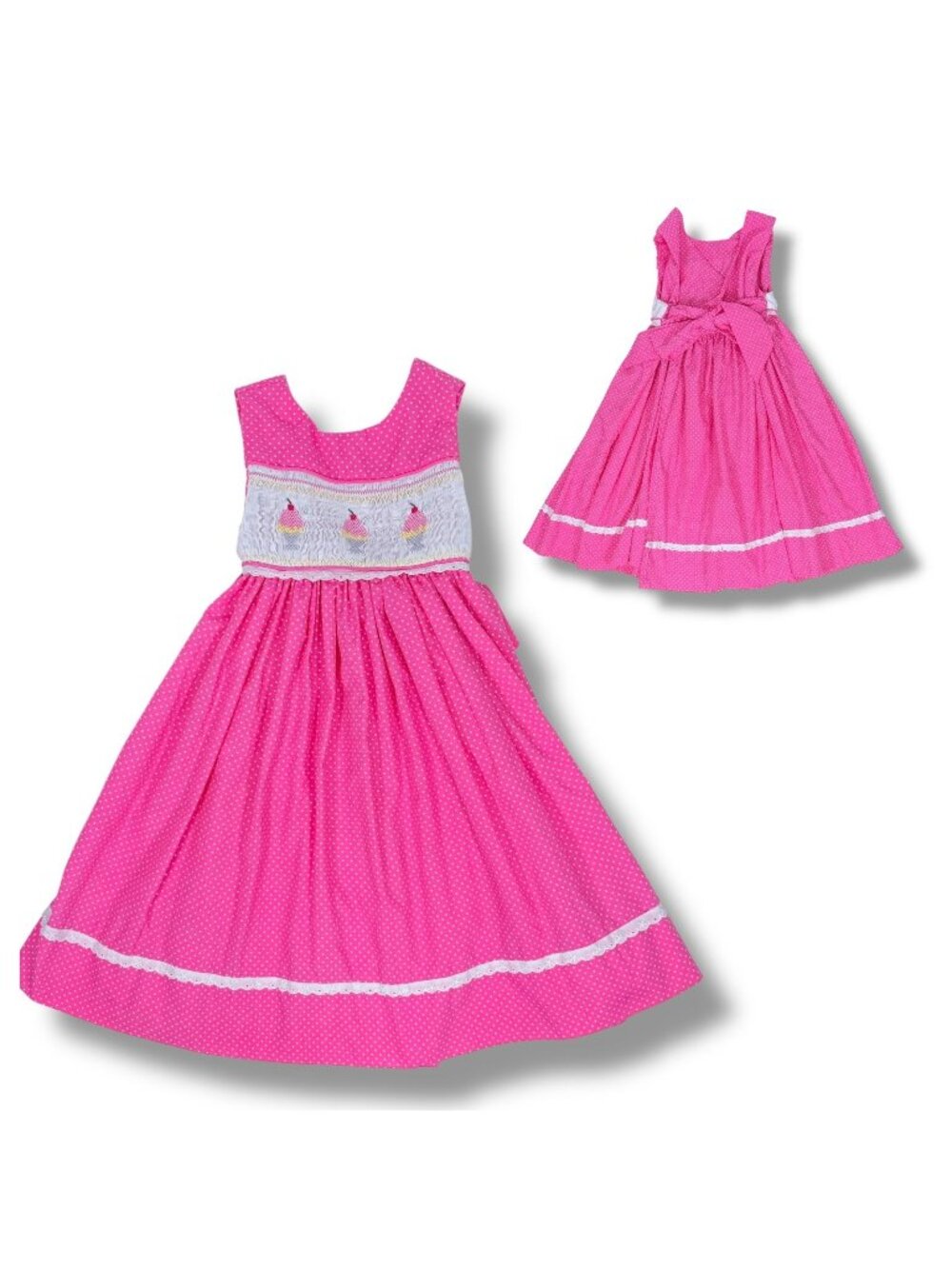 Girls Pink Polka Dot Ice Cream Embroidered Wrap Twirl Smocked Dress 5 - 6